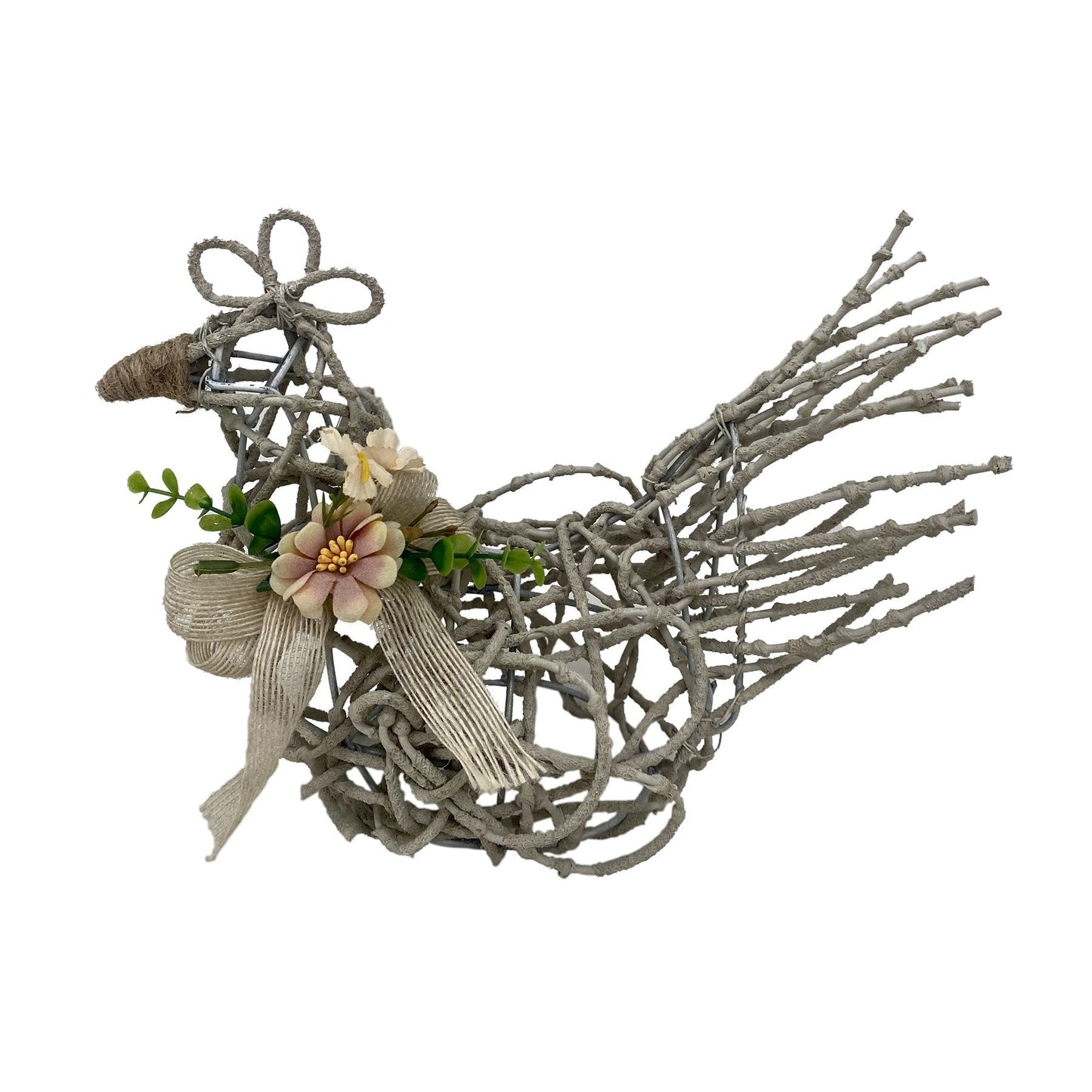 Willow Chicken Sculpture with Bow and Flowers