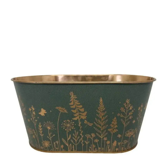 Dark Green Wild Flowers Oval Zinc Planter