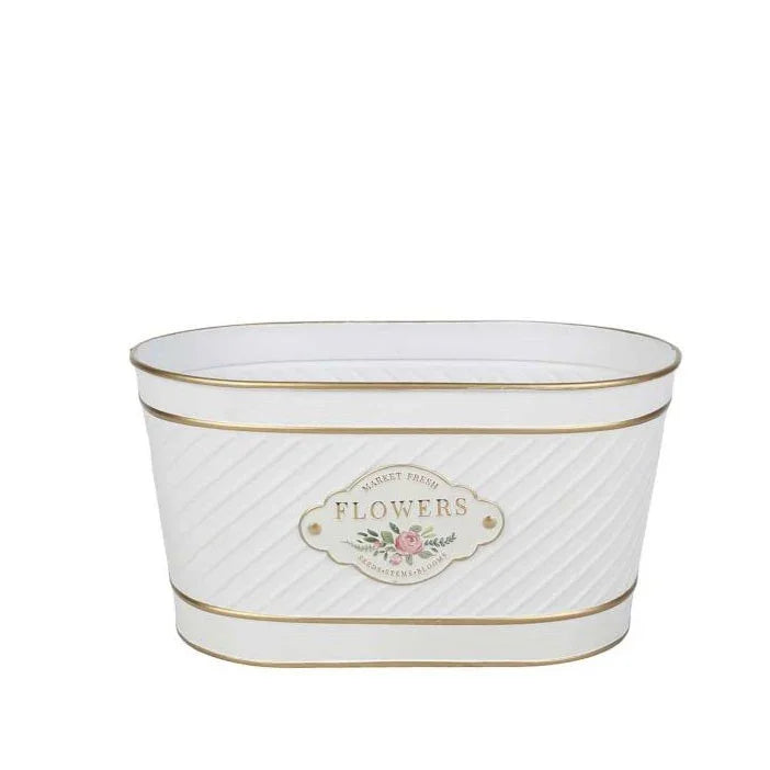 White Flowers Badge Oval Zinc Planter