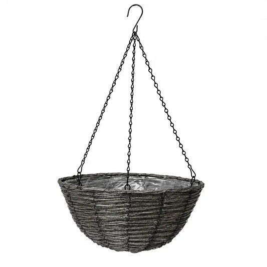 14 Inch Faux Rattan Hanging Basket  Grey