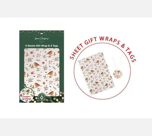 Robin Gift Wrap Sheets with 5 Tags
