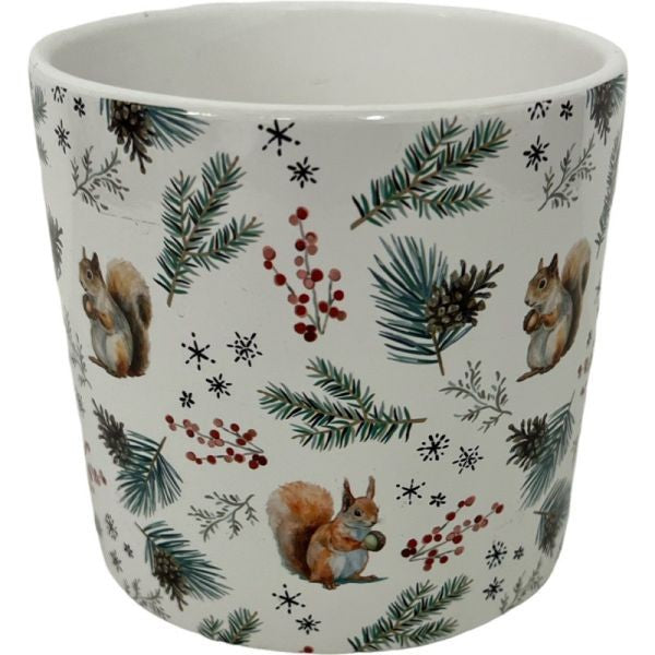 Christmas Squirrel &amp; Seasonal Foliage Ceramic Pot