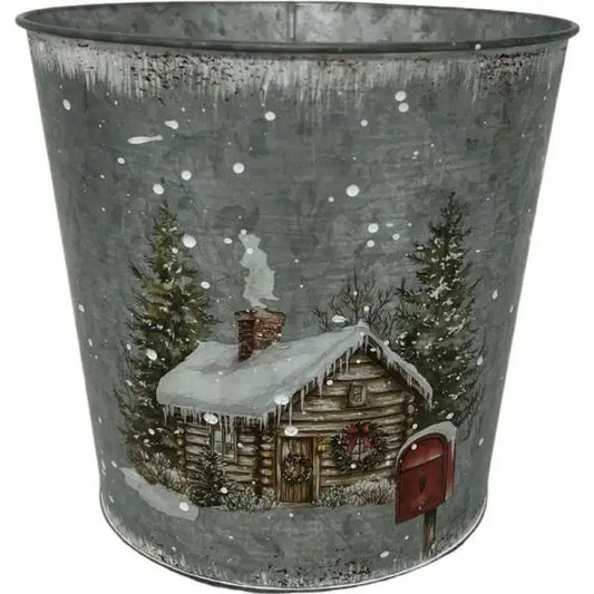 Snowy Christmas Cottage Silver Zinc Pot (13.4cm H)