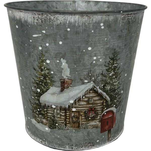 Snowy Christmas Cottage Silver Zinc Pot