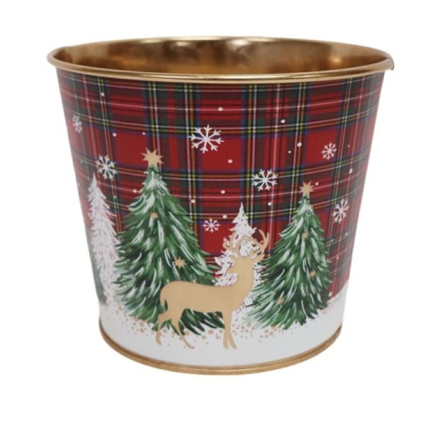 Christmas Trees And Reindeer Tartan Zinc Pot