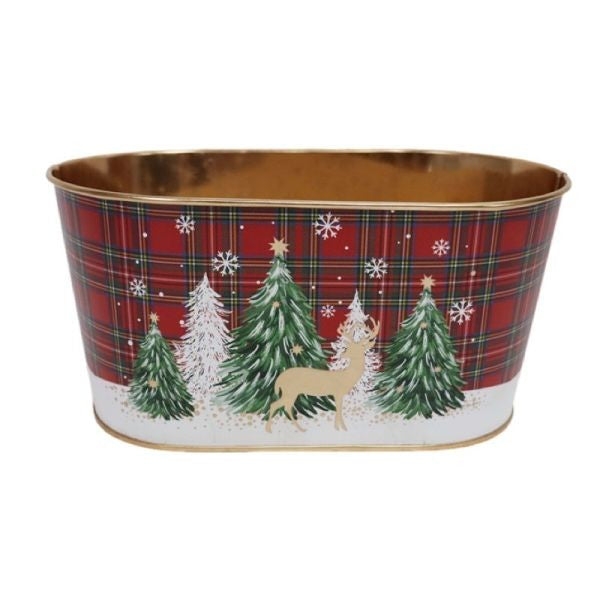 Christmas Trees &amp; Reindeer Tartan Zinc Oval Planter