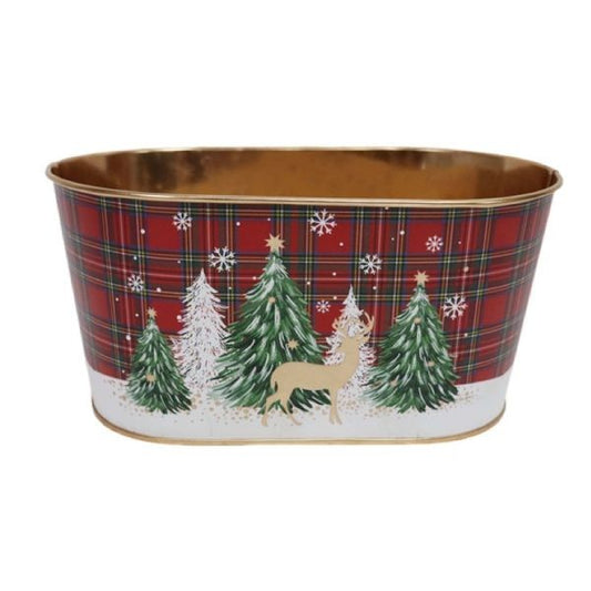 Christmas Trees &amp; Reindeer Tartan Zinc Oval Planter