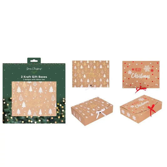 Pack of 2 Christmas Kraft Gift Boxes with Ribbon Tie (2 Designs)