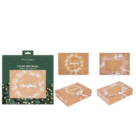 Pack of 2 Christmas Kraft Gift Boxes with Ribbon Tie (Wreath Design and Robin Design)