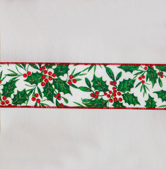 Discover the Red Green on White Holly Berries Ribbon (63mm x 9.1m) at Bristow Direct