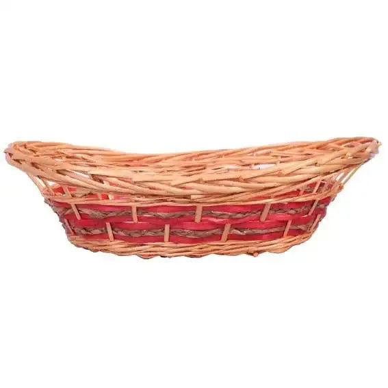 Oval wicker basket with natural and red woven detailing, ideal for home décor or gifts