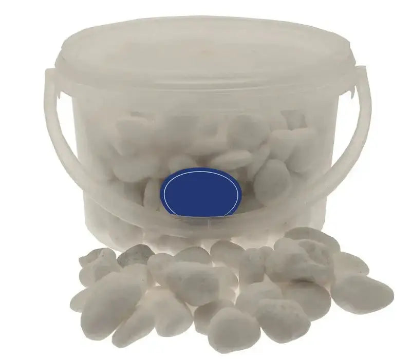 Plastic tub of decorative white stones with loose pebbles in front, home decor accent