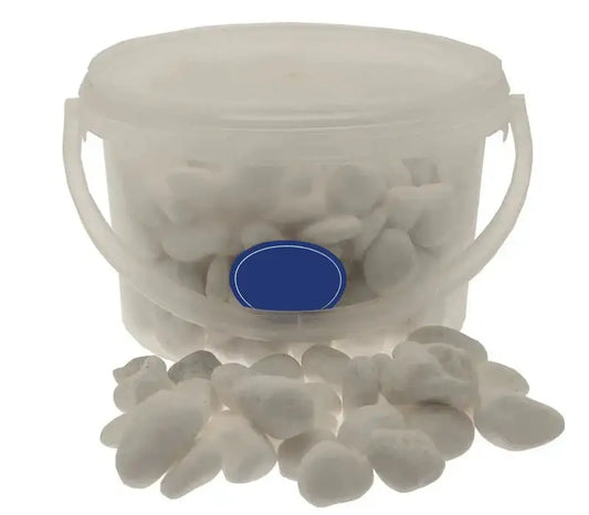Plastic tub of decorative white stones with loose pebbles in front, home decor accent