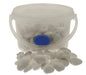 Plastic tub of decorative white stones with loose pebbles in front, home decor accent