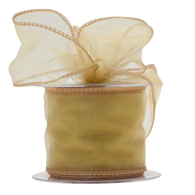 Elegant gold organza ribbon with wired edges, perfect for luxury gift wrapping and home décor accents.