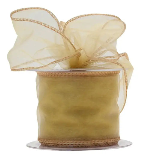 Elegant gold organza ribbon with wired edges, perfect for luxury gift wrapping and home décor accents.