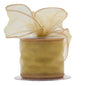 Elegant gold organza ribbon with wired edges, perfect for luxury gift wrapping and home décor accents.