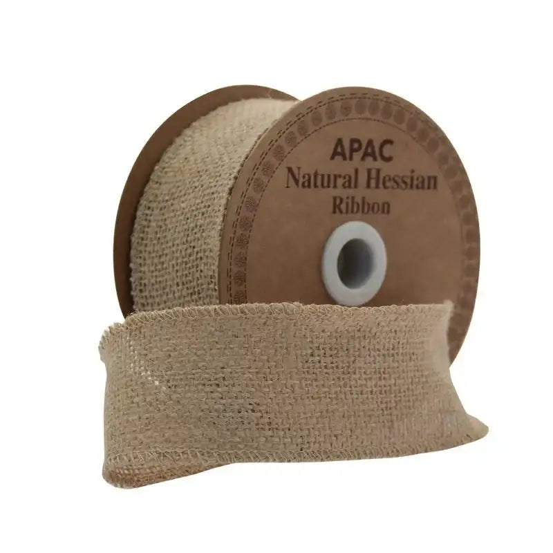 Natural Hessian ribbon on spool, rustic burlap texture for gift wrapping and home décor
