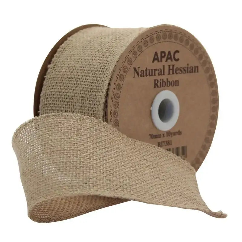 Natural Hessian ribbon roll, rustic burlap decor for gifts & home, 70mm x 10 yards