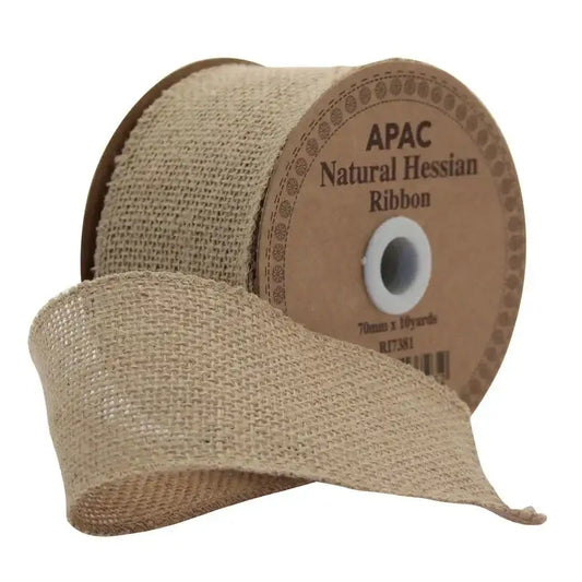 Natural Hessian ribbon roll, rustic burlap decor for gifts & home, 70mm x 10 yards