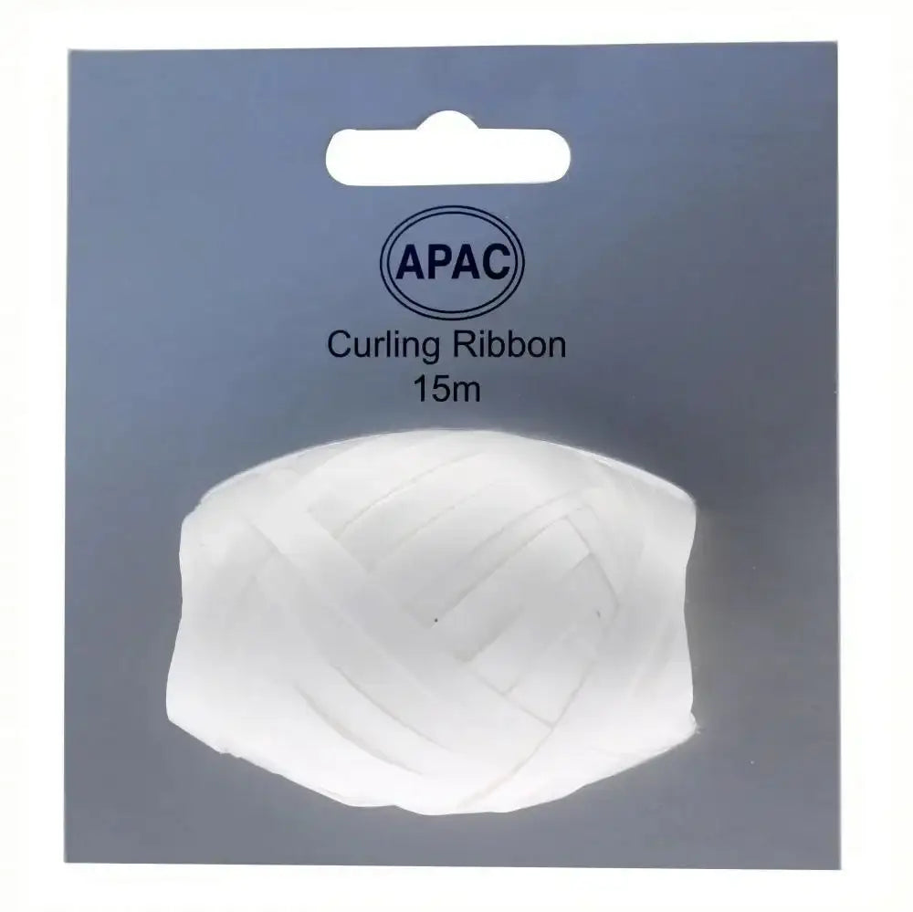 White APAC curling ribbon, 15m roll for gift wrapping and party decor