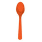 Bright orange plastic spoon on a white background, party tableware
