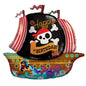Pirate ship birthday balloon with skull, red stripes, and 'Happy Birthday' for kids' party decor