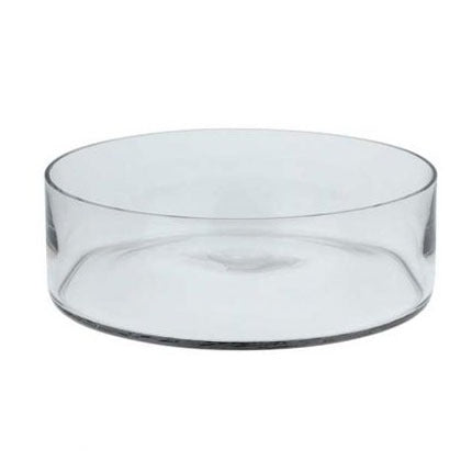 Clear glass bowl with wide cylindrical shape, ideal for home décor or serving.