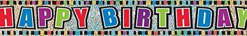 Colorful happy birthday banner with glitter effect and multicolored block letters