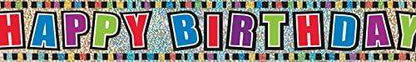 Colorful happy birthday banner with glitter effect and multicolored block letters