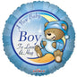 Blue baby boy balloon with teddy bear, perfect for newborn celebrations and baby showers