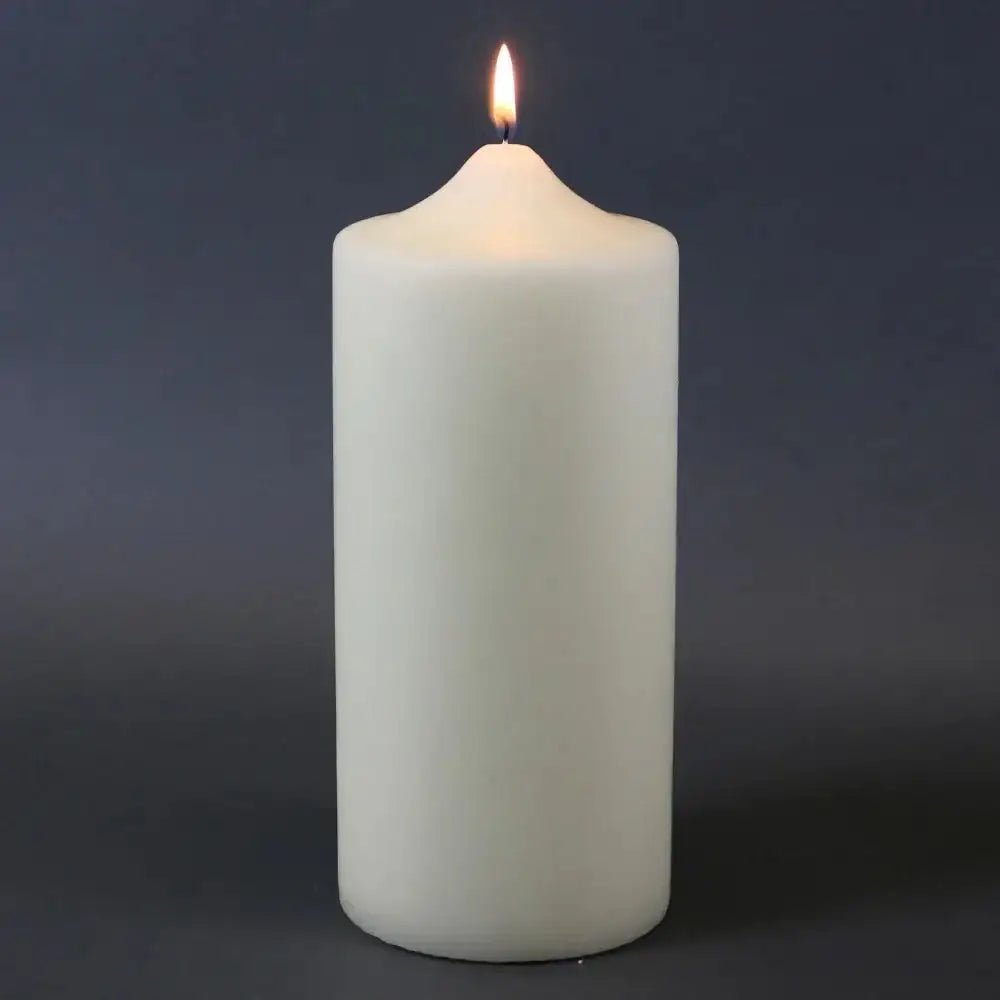 White pillar candle lit for home décor or gift, perfect for celebrations and cozy ambiance