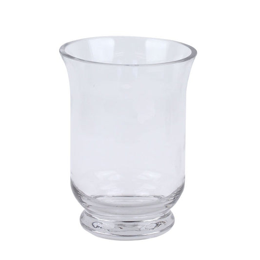 Clear glass hurricane candle holder with wide flared rim and round footed base