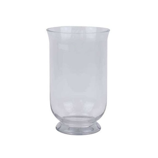 Clear glass hurricane vase with wide opening, ideal for home décor or centerpiece.