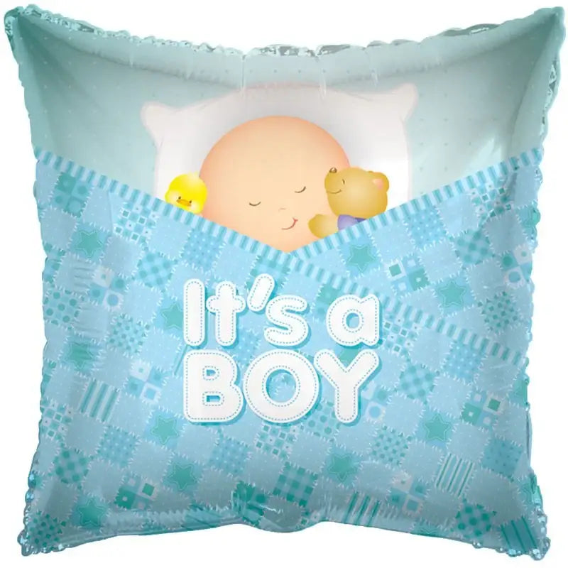 Blue baby boy balloon with sleeping infant, teddy bear, and 'It's a Boy' message, perfect for baby shower decor.