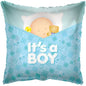 Blue baby boy balloon with sleeping infant, teddy bear, and 'It's a Boy' message, perfect for baby shower decor.