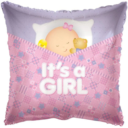 Pink baby girl balloon with sleeping baby, teddy bear, and 'It's a Girl' celebration message
