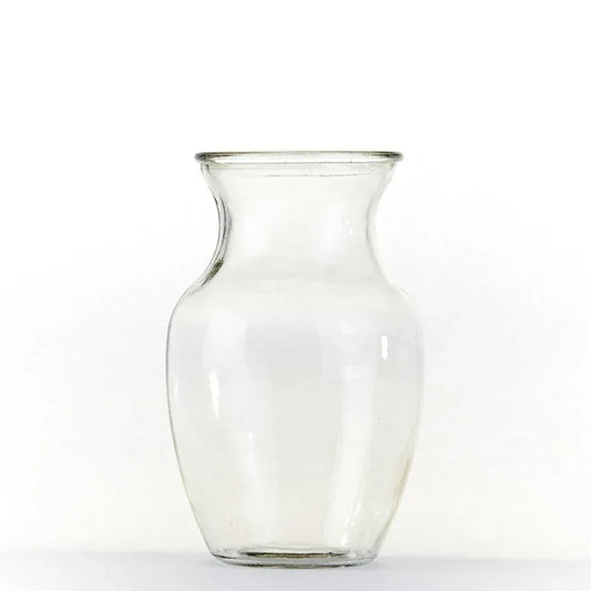 Clear glass vase with wide opening for home decor or floral arrangements