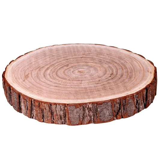 Rustic wooden tree slice decor tray with bark for home or centerpiece display