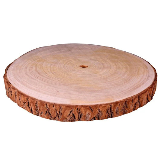 Natural wood slice with bark, rustic wooden centerpiece for home décor or crafts