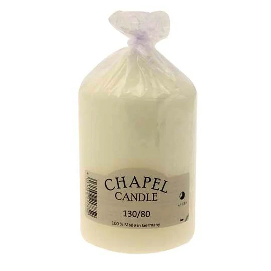 Chapel candle in clear wrap, 130/80 size, made in Germany — perfect for home décor or gifting
