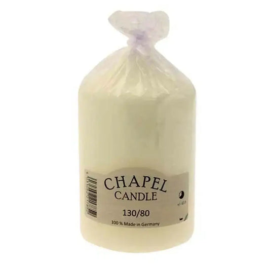 Chapel candle in clear wrap, 130/80 size, made in Germany — perfect for home décor or gifting