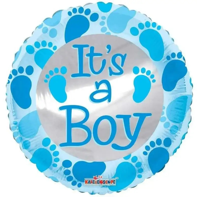 It's a Boy baby shower balloon with blue footprints, perfect for newborn celebrations and gender reveal parties.
