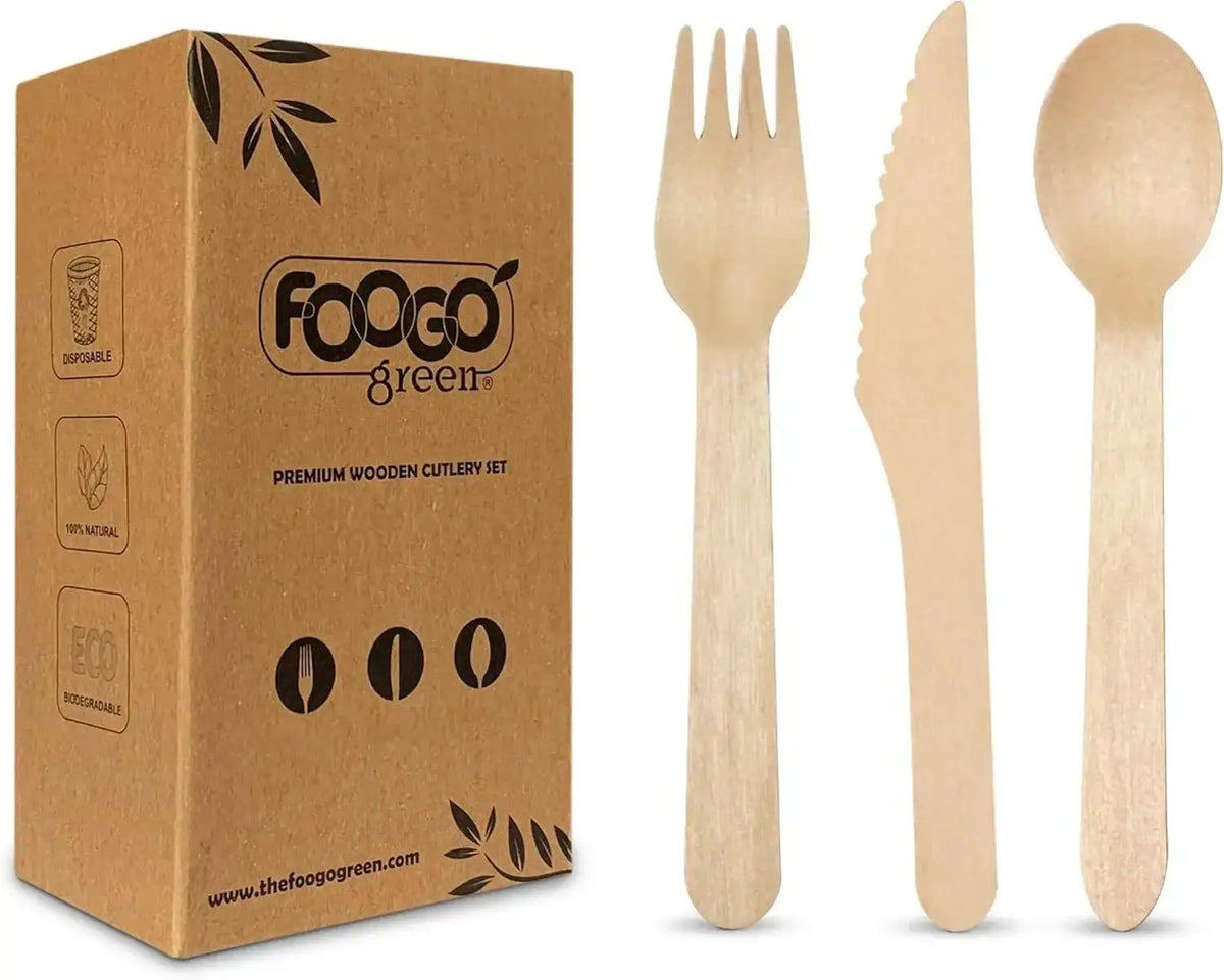 Eco-friendly wooden cutlery set with fork, knife, spoon and biodegradable packaging