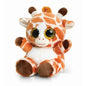 Cute plush giraffe toy with large glittery eyes, orange and white fur, sitting upright
