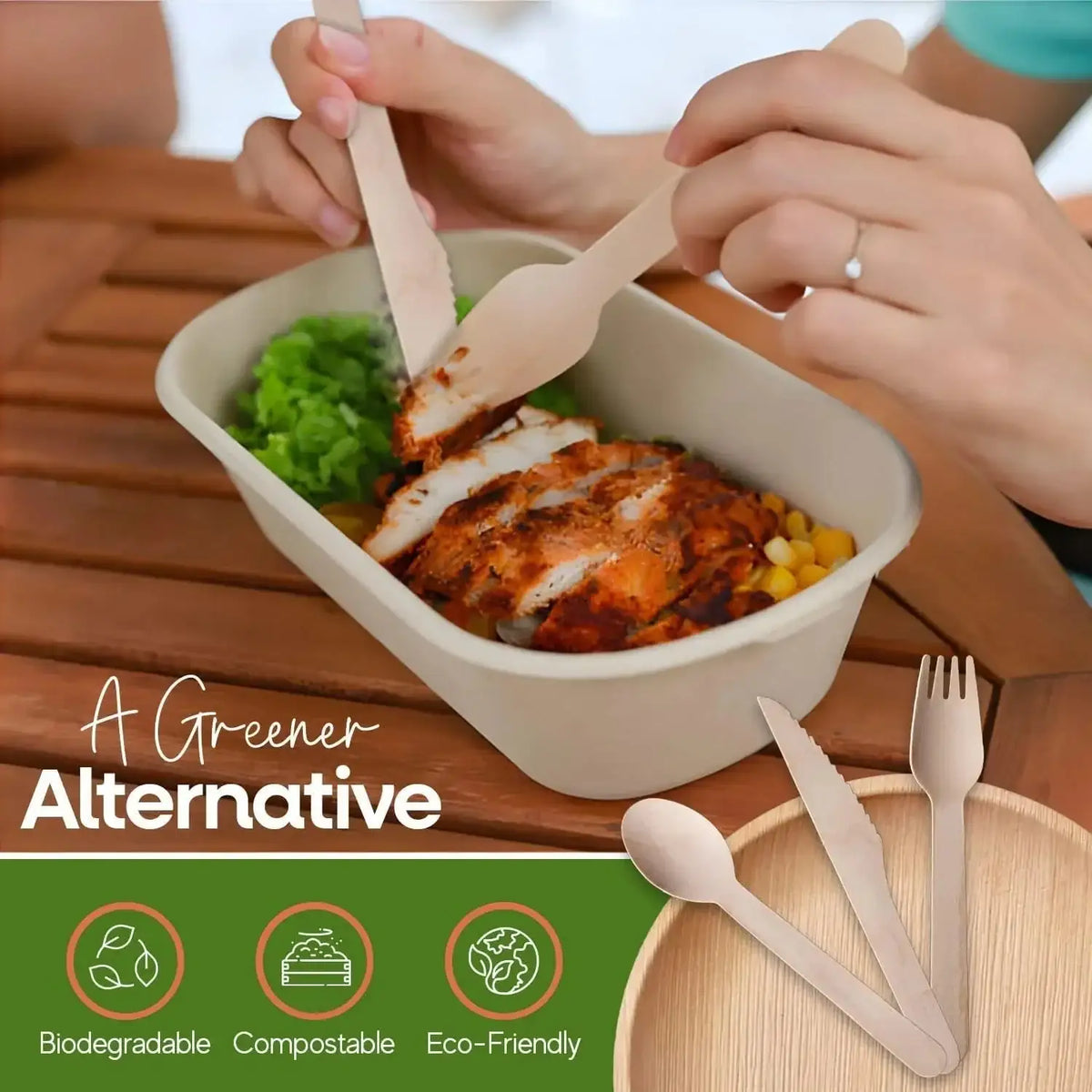 Biodegradable eco-friendly disposable cutlery used with salad and grilled chicken meal