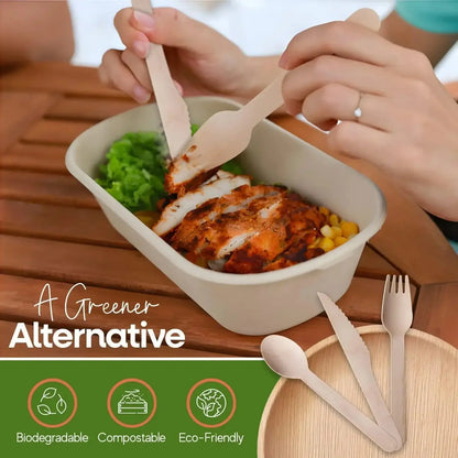 Eco-friendly biodegradable cutlery used with salad and chicken, sustainable dining concept
