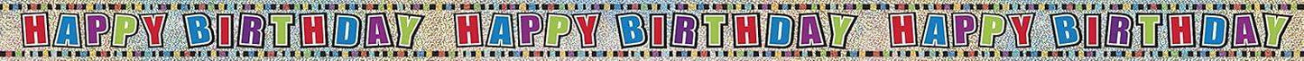 Colorful happy birthday banner with patterned letters and confetti border decoration