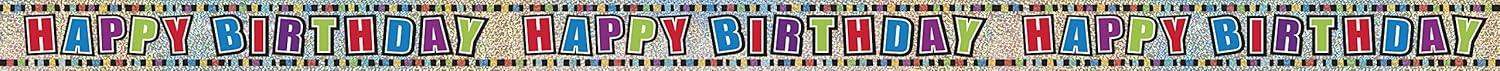 Colorful happy birthday banner with patterned letters and confetti border decoration