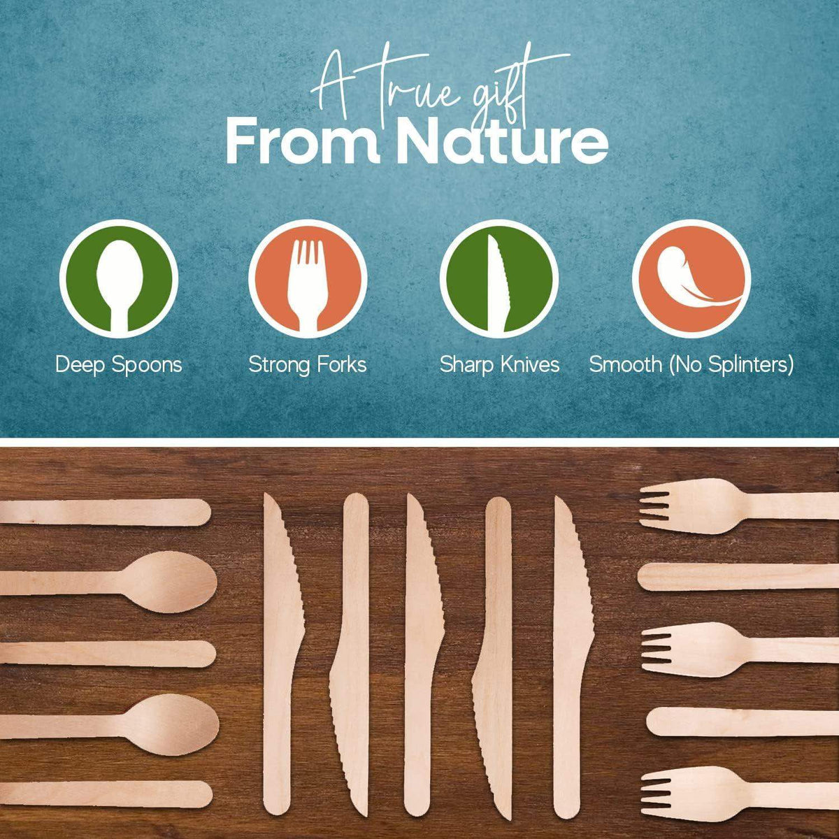 Eco-friendly wooden cutlery set with spoons, forks, and knives on wooden background